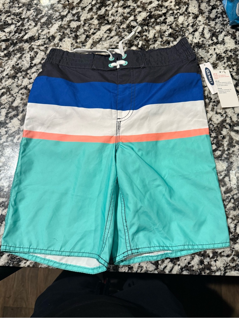 Old Navy Blue, White, Coral & Aqua Boys' Striped Swim Shorts